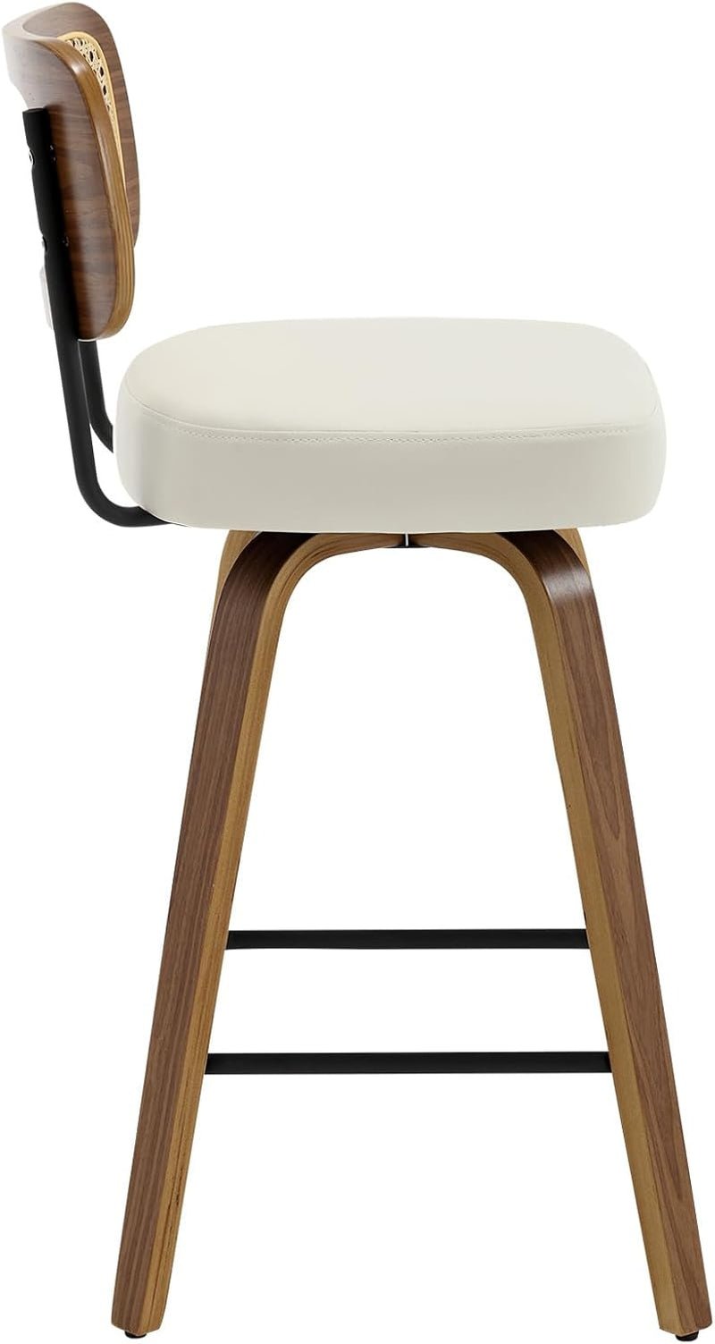 Swivel Counter Height Bar Stools Set of 4 Cream Upholstered Rattan Back side view showing ergonomic design.