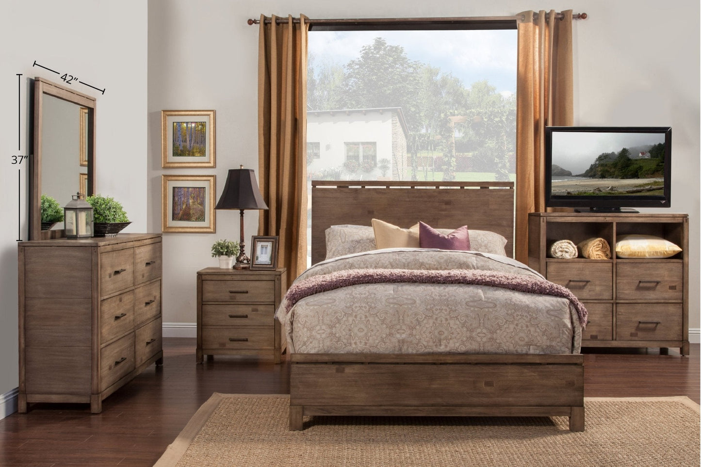 Sydney Mirror in weathered grey finish above dresser in a modern bedroom setting with warm tones.