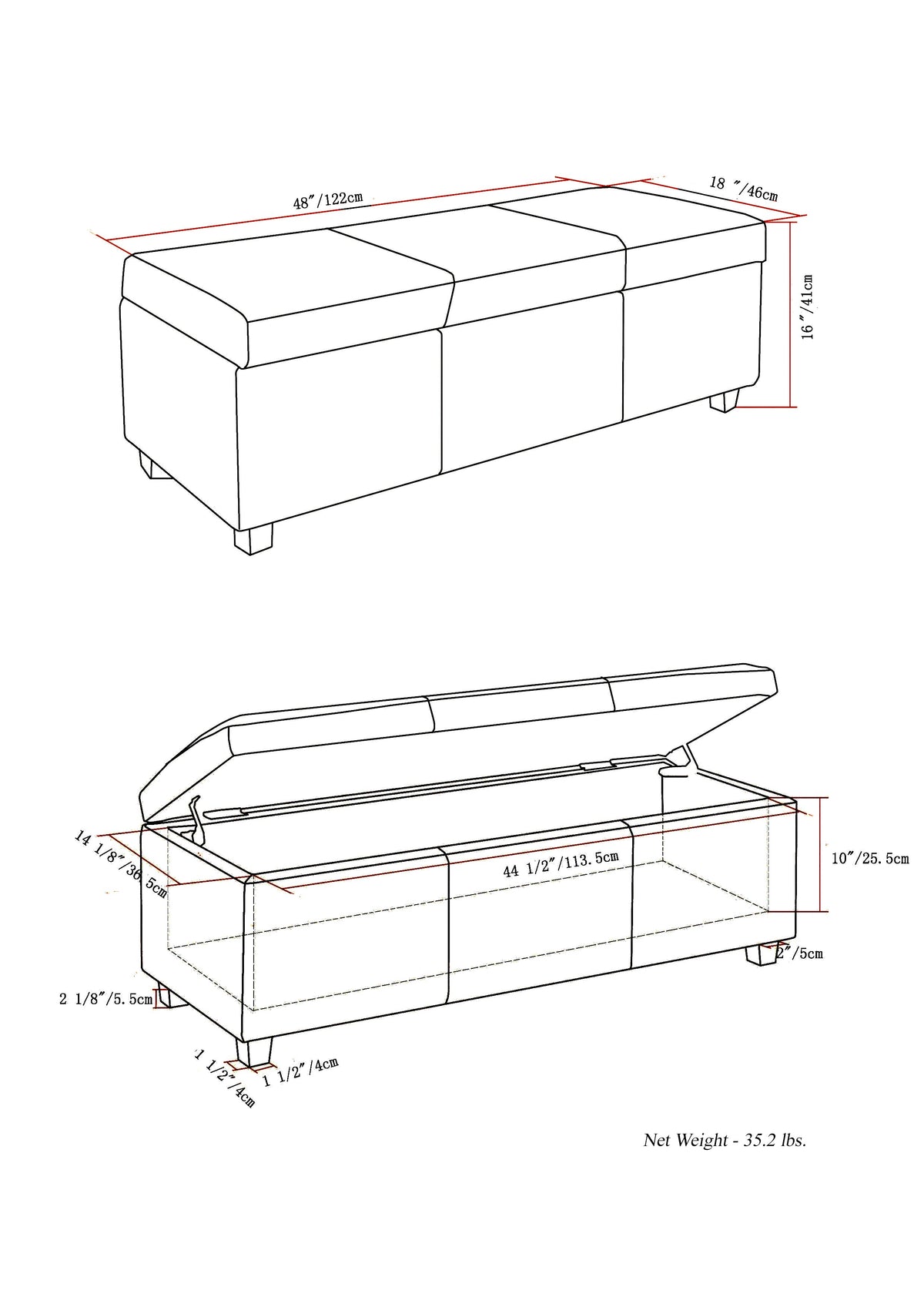 Avalon 48 Inch Wide Storage Ottoman Bench in Distressed