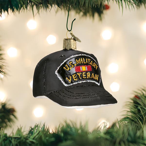 Veterans Cap Glass Ornament