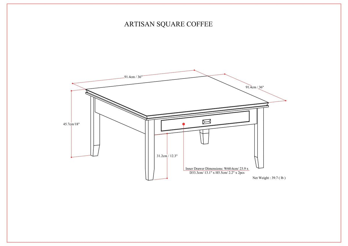 Artisan 36 Inch Wide Solid Wood Square Coffee Table in Russet