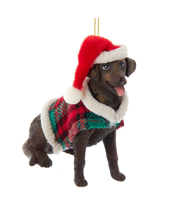 Chocolate Brown Labrador With Plaid Coat and Santa Hat Ornament