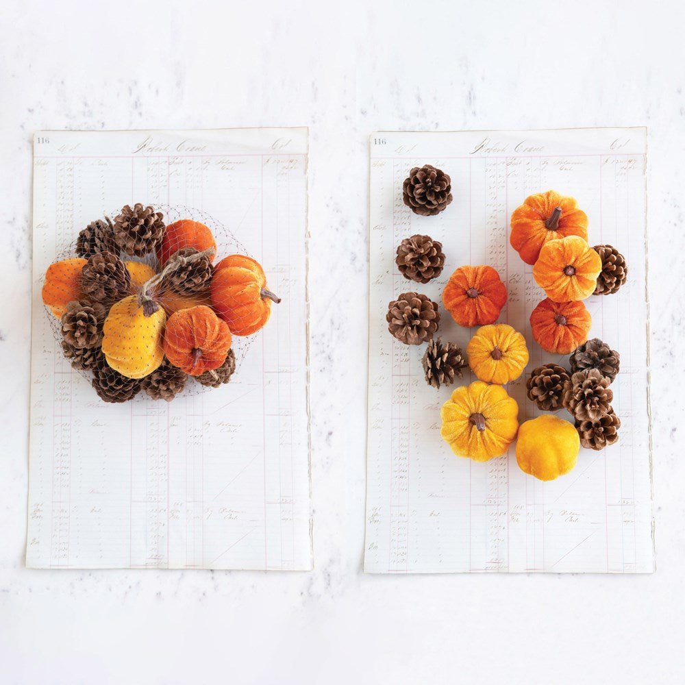 Velvet Pumpkins w/ Resin Stem & Pinecones in Net Bag, Orange & Natural (Contains 16 Pieces)