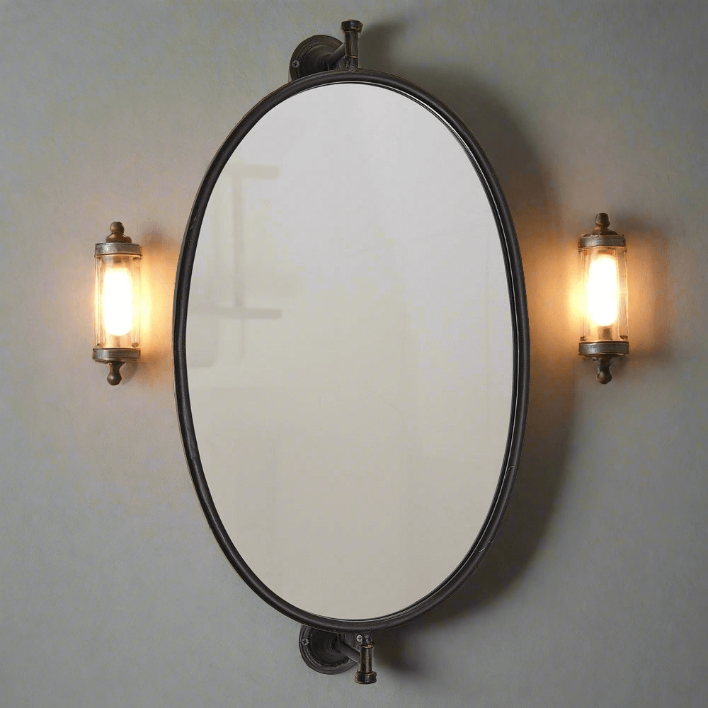 Vintage Bathroom Swivel Oval Wall Mirror with Black Metal Frame
