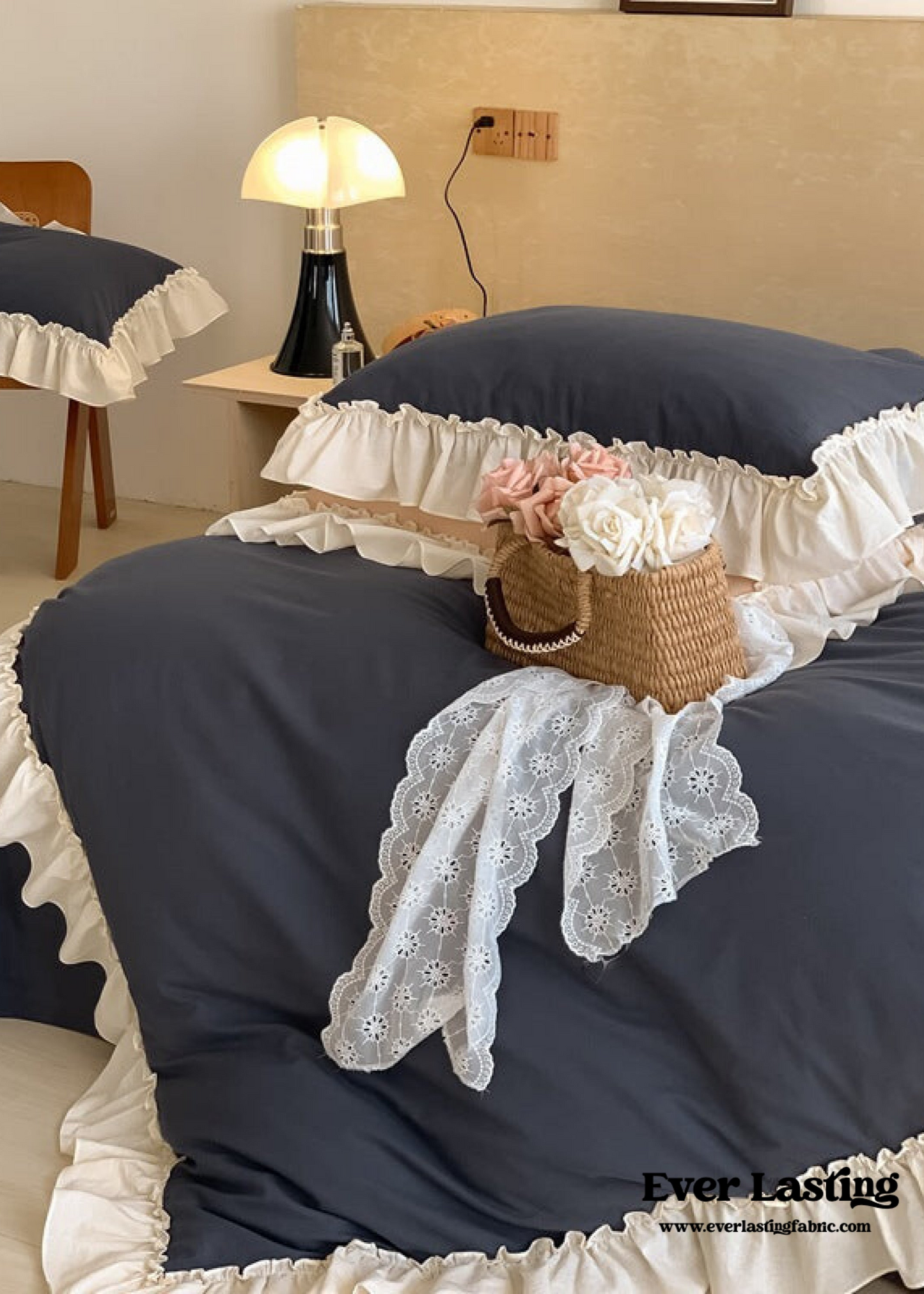 Vintage Earth Tone Large Ruffle Bedding Set / Light Blue