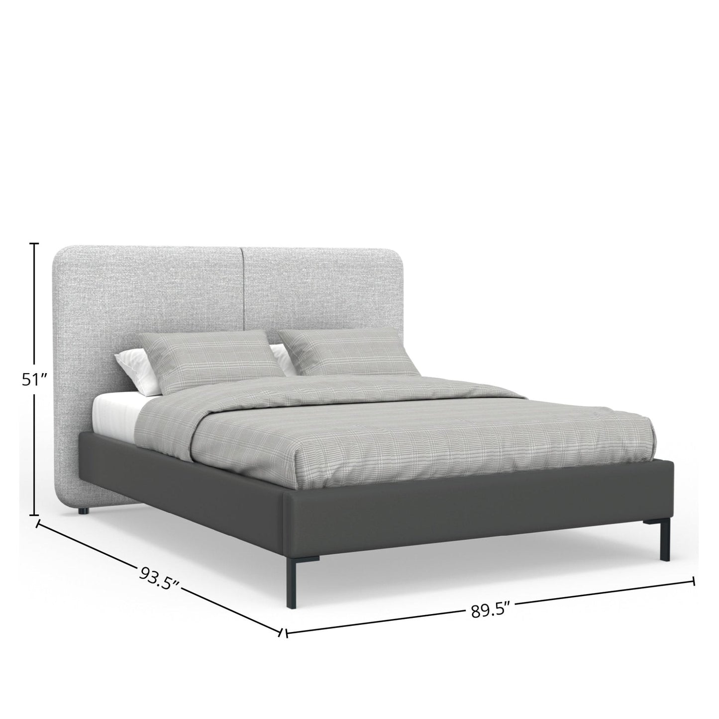 Walden Platform Bed with light grey linen headboard, grey faux leather frame, and black metal legs, dimensions 93.5x89.5 inches.