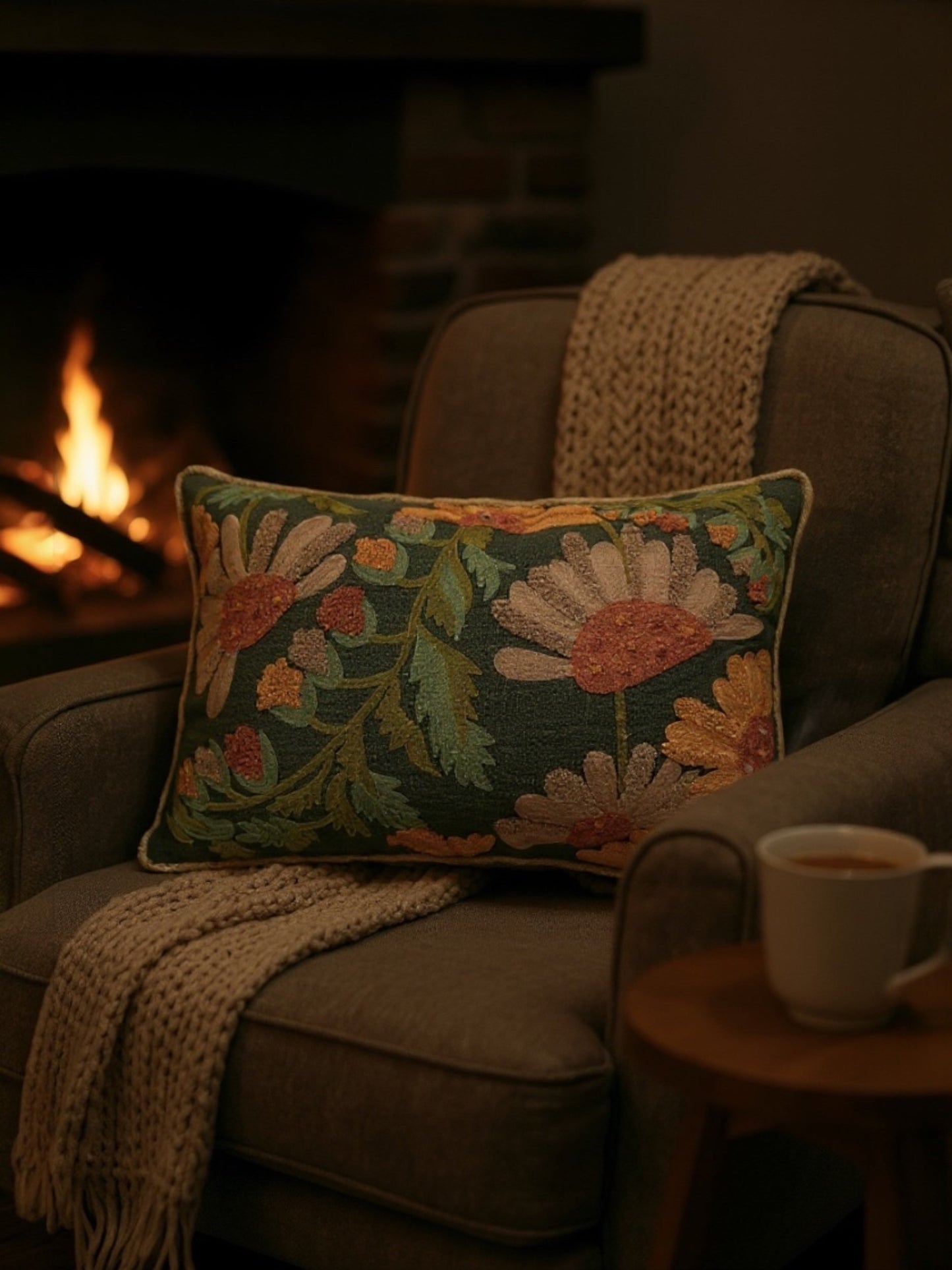 Embroidered Autumn Floral Cotton Slub Pillow with Fringe