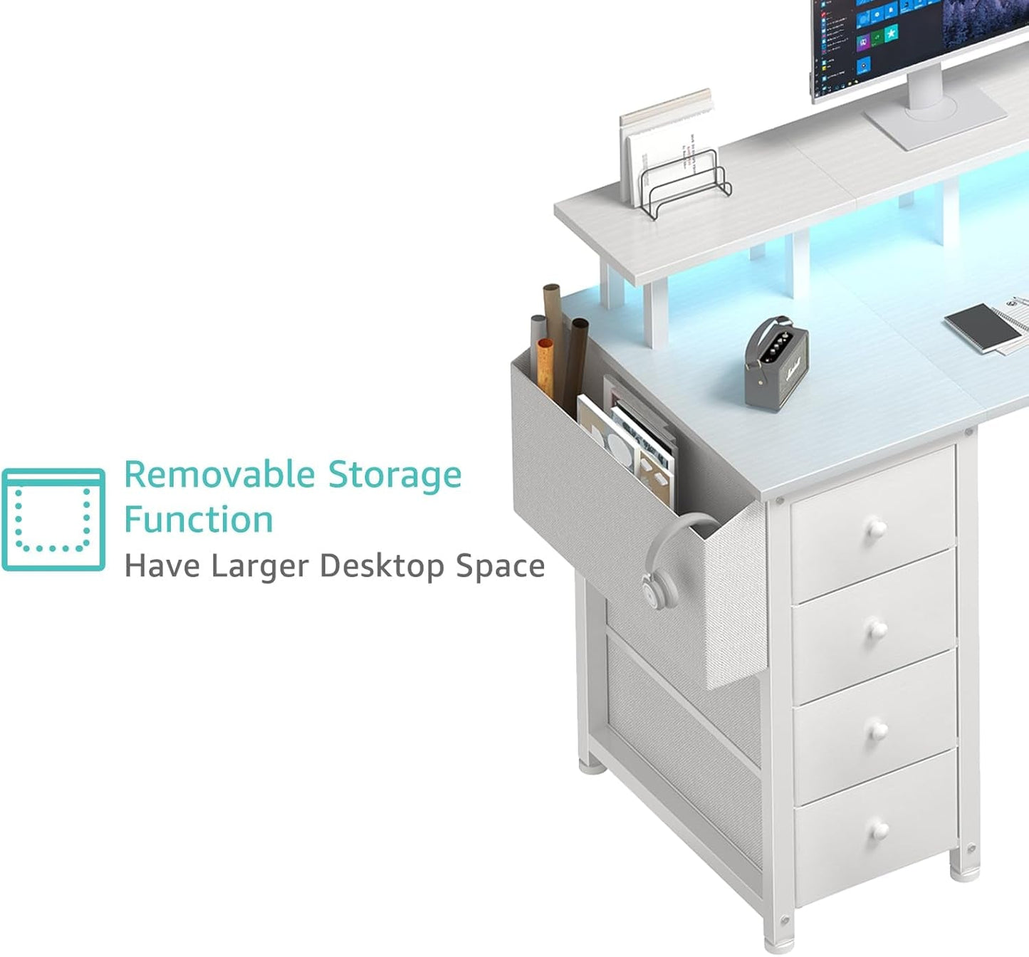 White L Shaped Desk With Monitor Stand 55 Inch LED Lighting