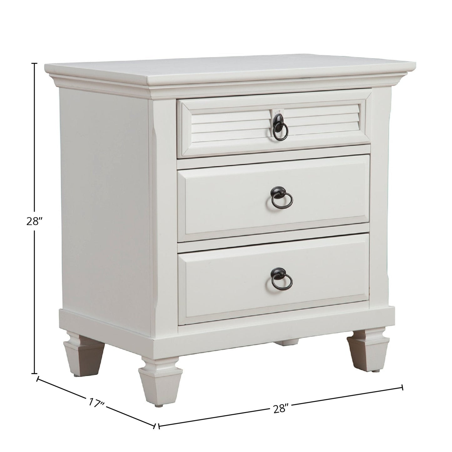 Winchester Nightstand in white with three drawers, featuring classic design and ring-style handles.