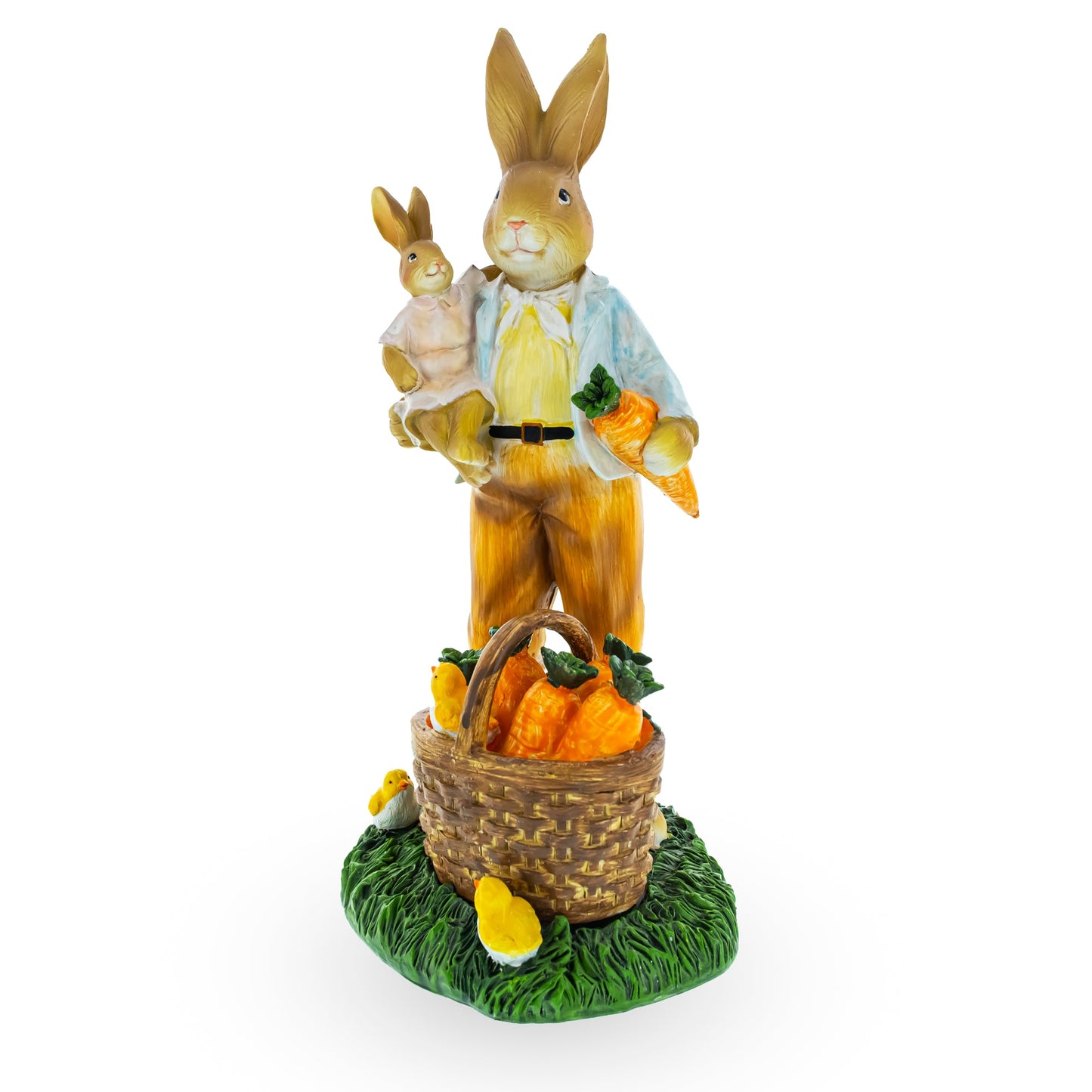 Father & Child Easter Bunny Figurine – Spring Rabbit Statue with Carrots & Chicks 11 Inches