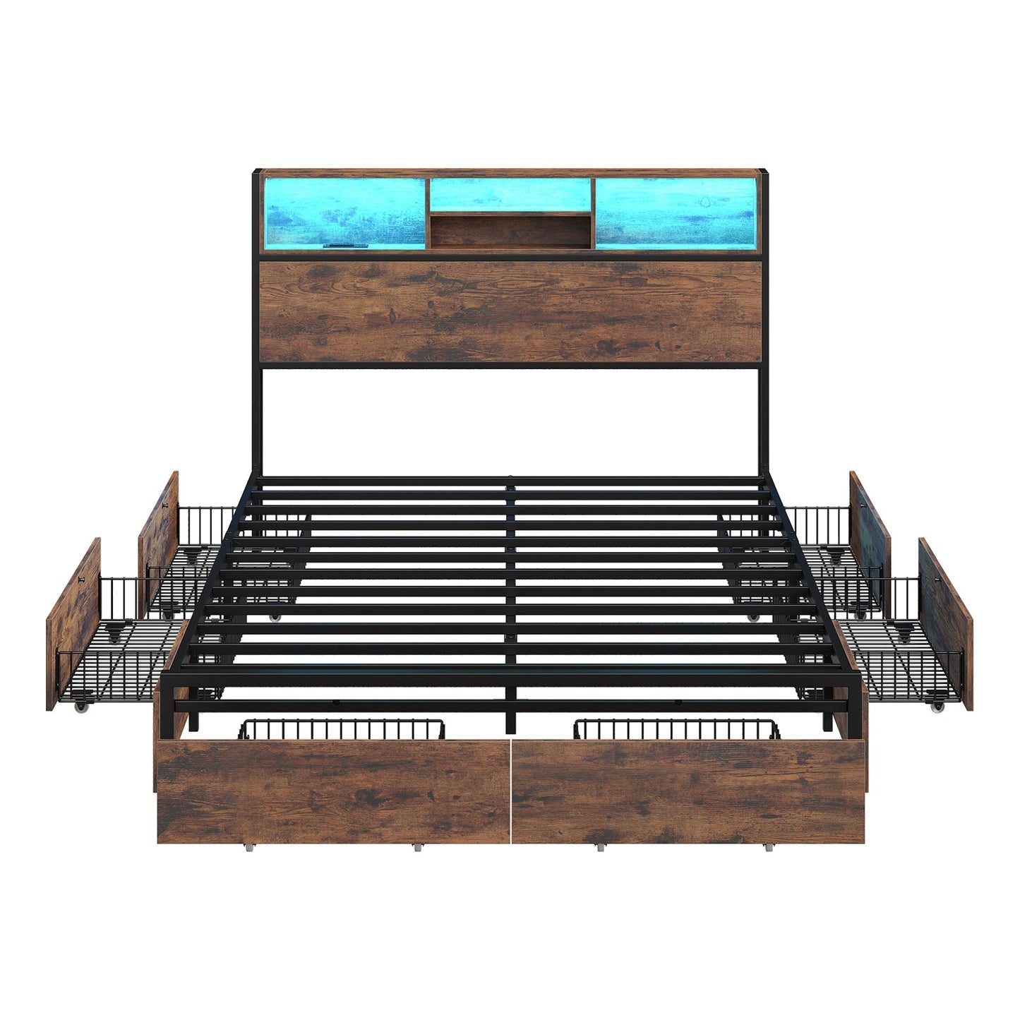 Yanosaku BF012-BR Full/Queen/King Bed Frame with LED Headboard, Charging Ports, 6 Storage Drawers, Shelf, Easy Assembly, No Box Spring Needed