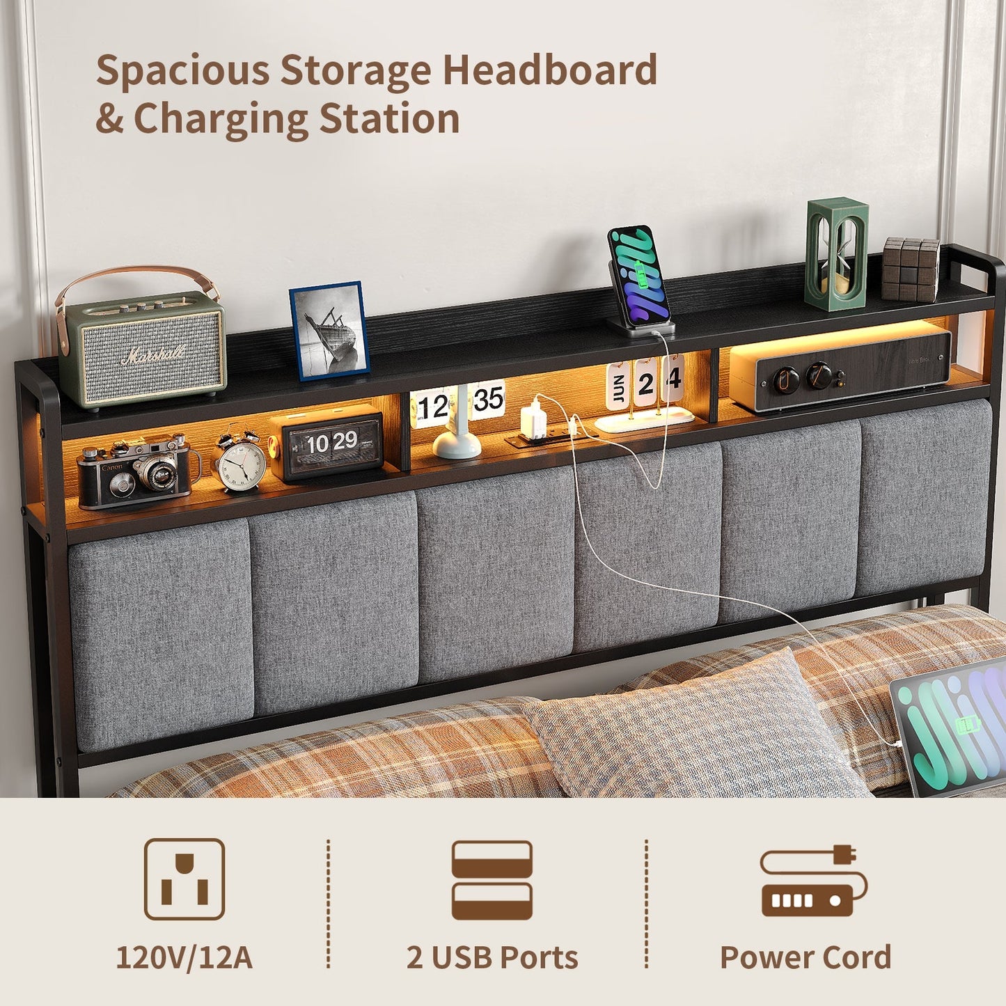 Yanosaku BF016-BL Full/Queen Bed Frame with RGB LED Headboard, Charging Station, 2 Drawers, 2 USB & 2 AC Outlets, Easy Assembly, No Box Spring, Black