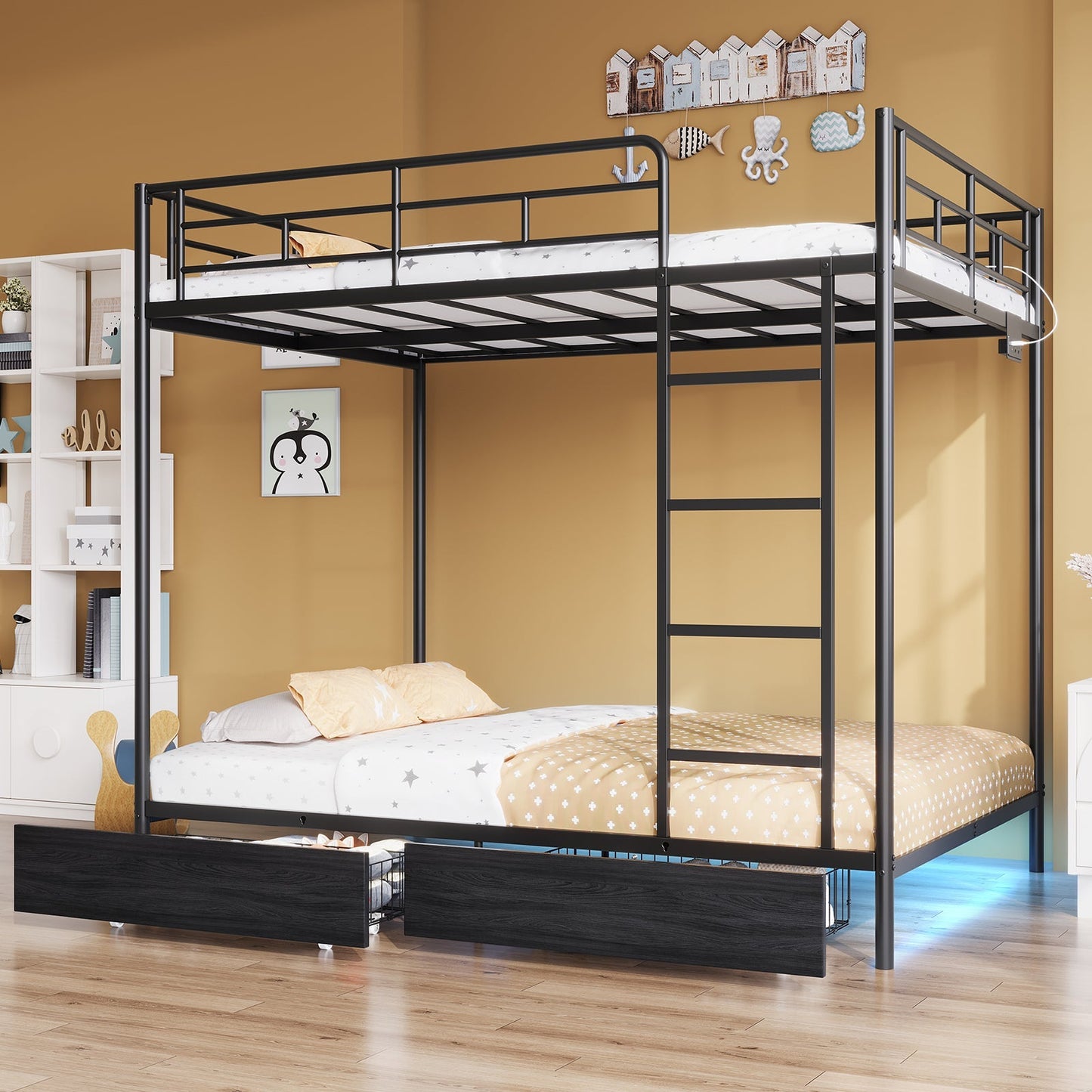 Yanosaku BF018-BL Twin/Full Metal Bunk Bed with LED, Charging Station, 2 Drawers, Guard Rails & Ladder, No Box Spring, Black