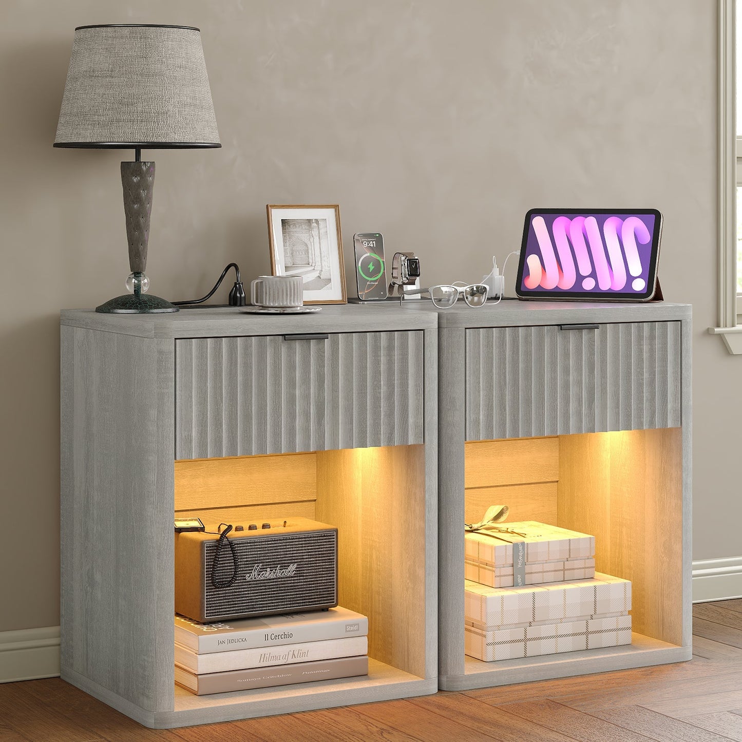 Yanosaku NS001-NR Fluted Nightstands with LED & Charging Station, Drawer Side Tables, Oak