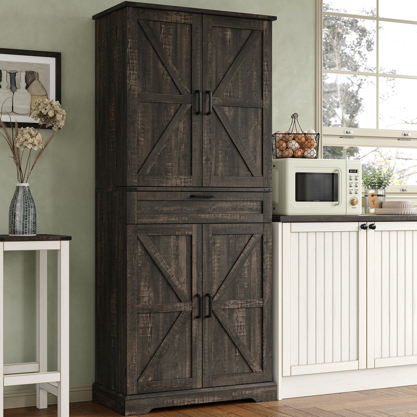 Yanosaku SC001 72'' Tall Kitchen Storage Pantry Cabinet with rustic design and multiple storage doors.