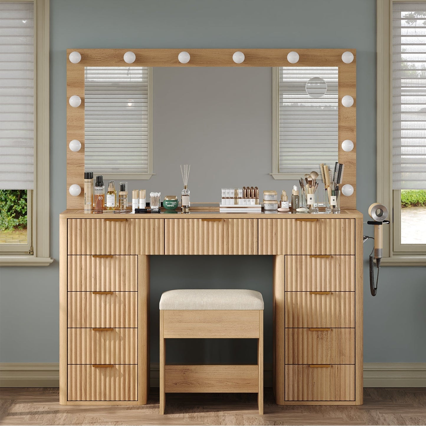 Yanosaku VD003 Bedroom Makeup Vanity desk with LED Mirror, 11 Drawers