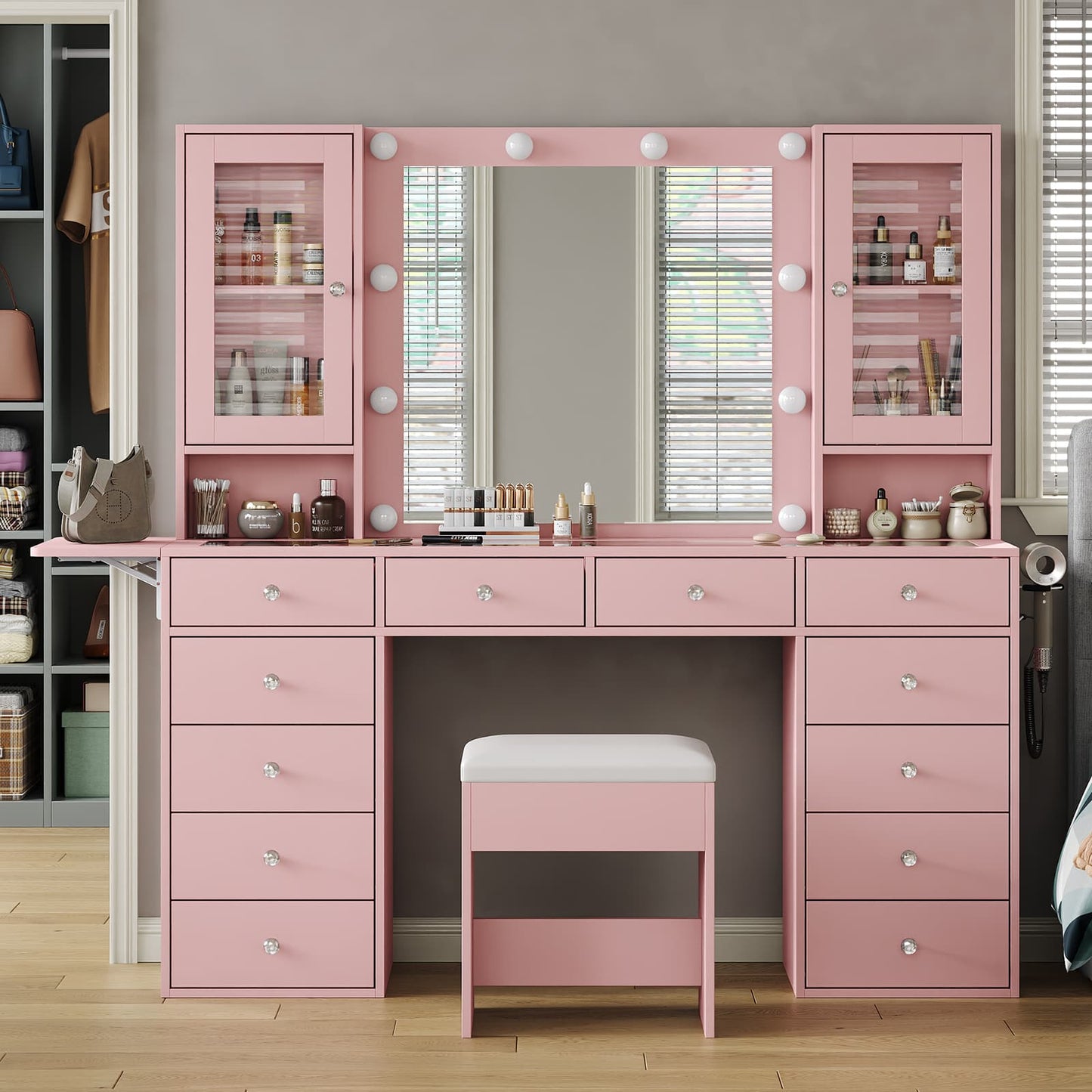 Yanosaku VD012 Bedroom Makeup Vanity desk with LED Mirror, 12 Drawers