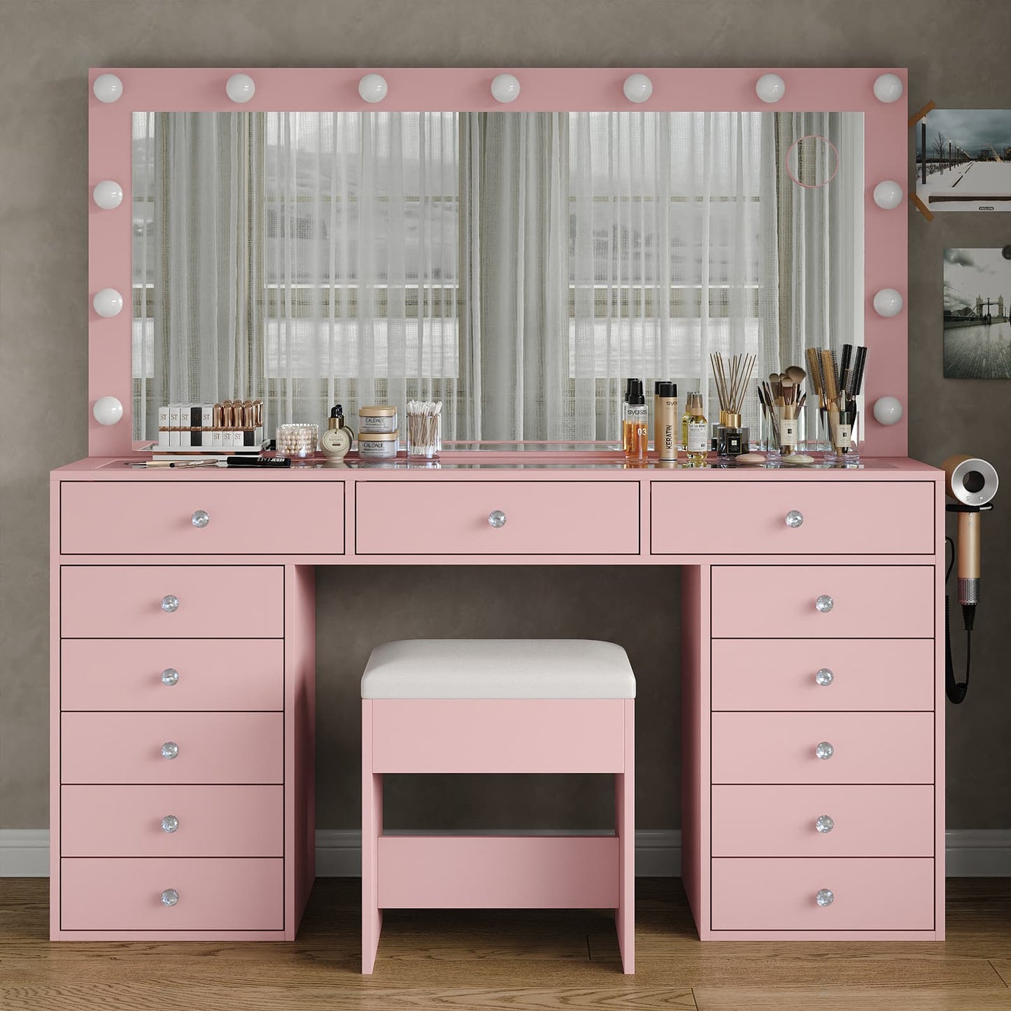 Yanosaku VD016 Bedroom Makeup Vanity desk with LED Mirror, 13 Drawers
