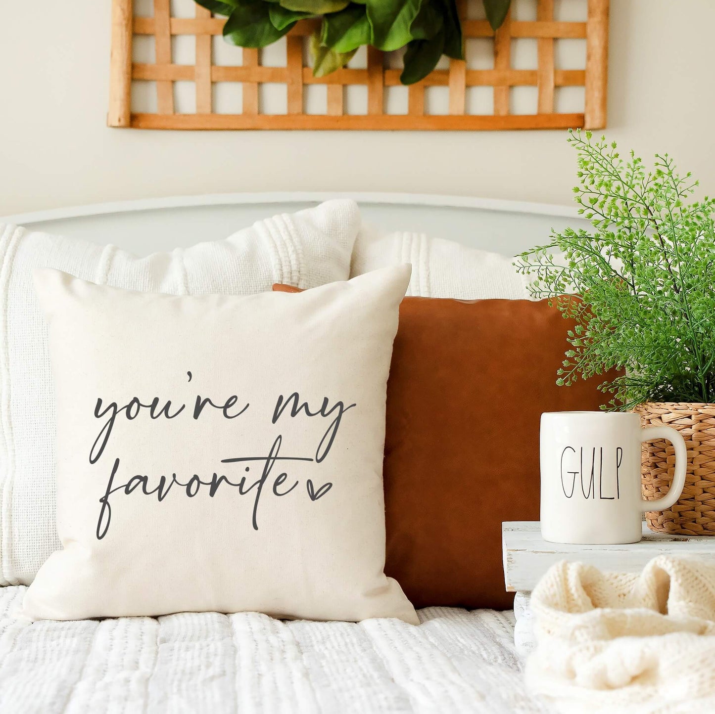 You're My Favorite Throw Pillow Cover 18x18 displayed on a couch with decorative elements.