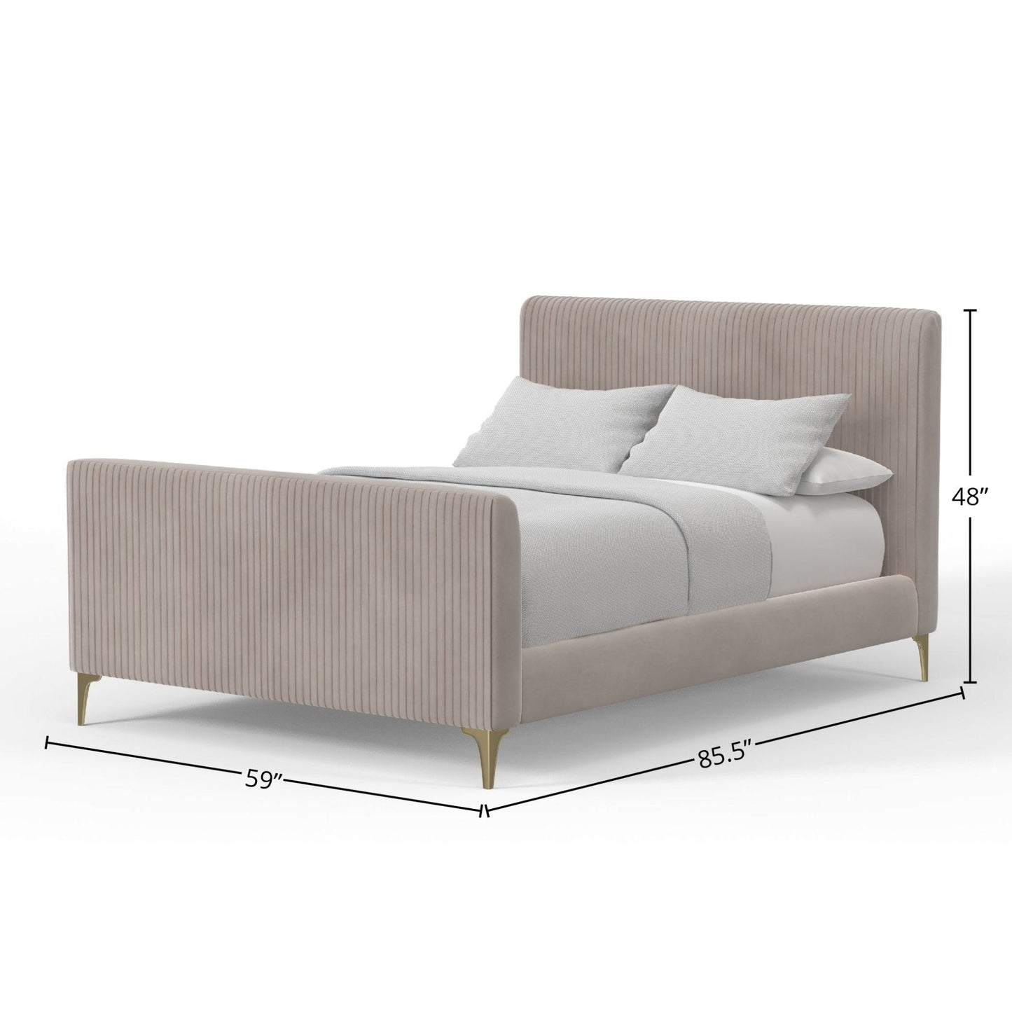 Zaldy Platform Bed in light grey fabric with ribbed headboard, gold legs, dimensions 59x85.5x48 inches.