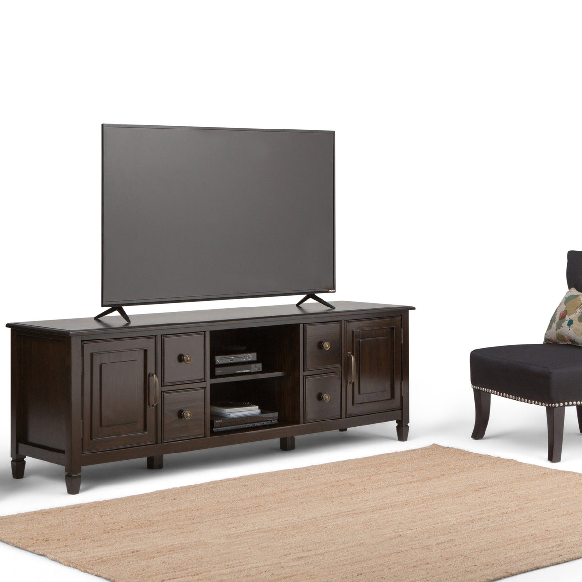 Connaught 72 Inch Wide Solid Wood TV Stand in Dark Chestnut