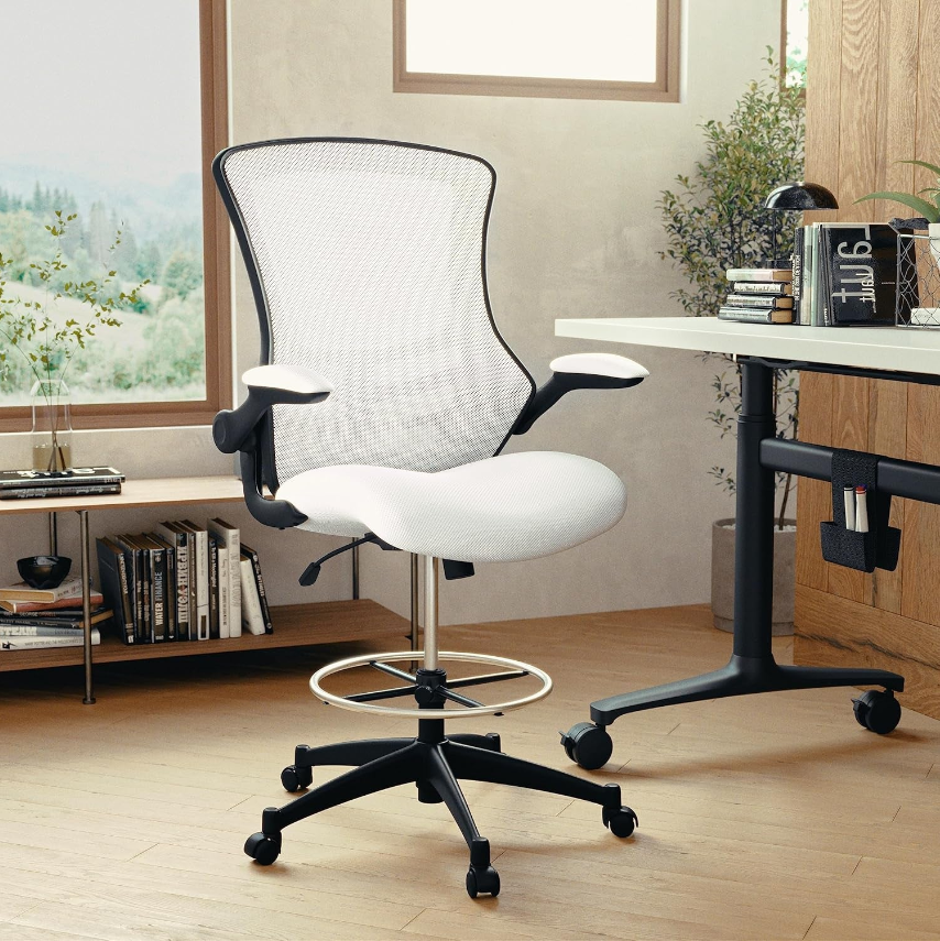 Drafting Chairs in a modern workspace with a stylish white mesh design and adjustable height feature.