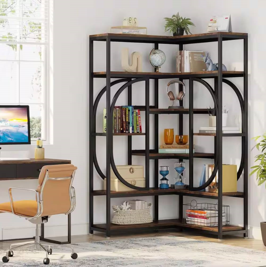 Industrial Home Office corner bookshelf with decorative items and a unique design.
