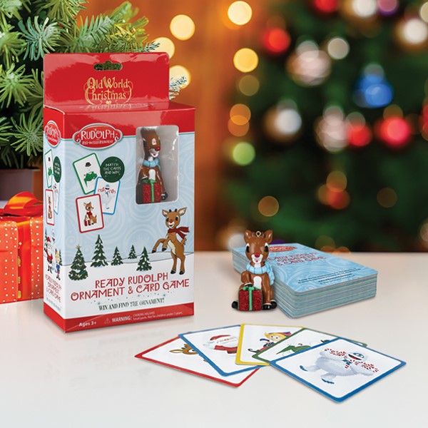 Card Games featuring Ready Rudolph ornament and card game set with colorful cards on a festive background.
