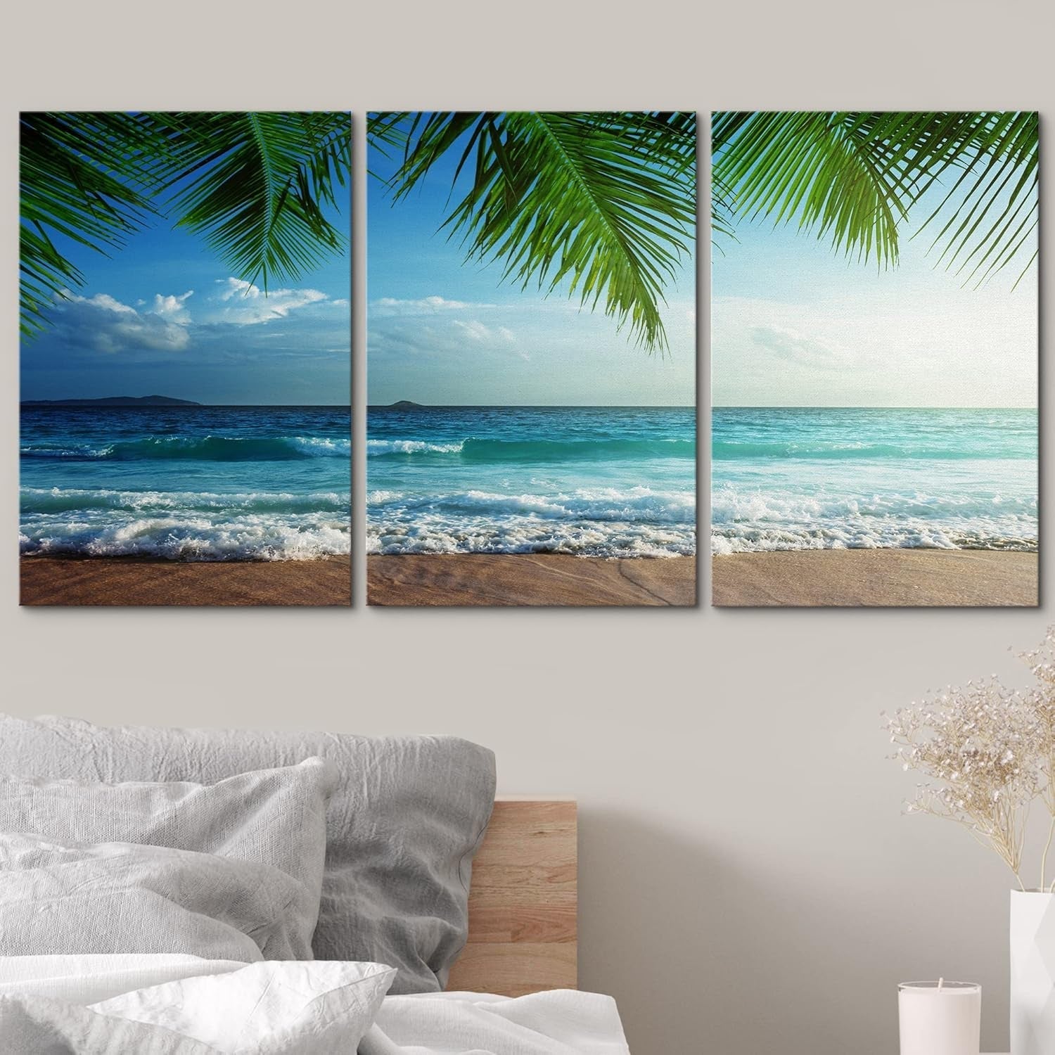 Triptych Wall Art featuring a serene beach scene with palm leaves and ocean waves.