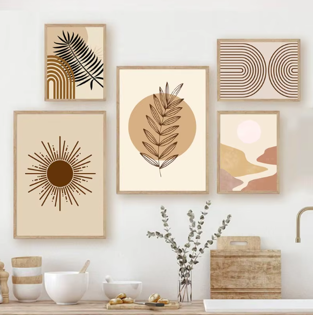 Boho Dining Room featuring art prints and neutral decor elements on a modern wall.