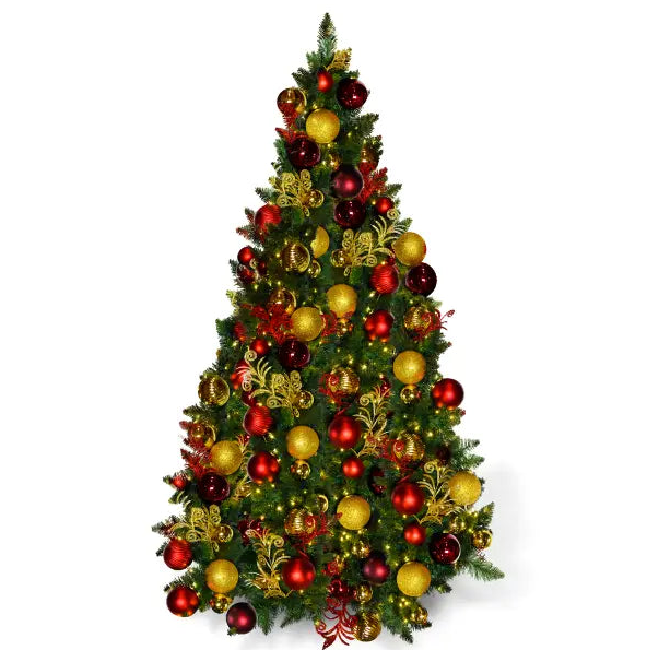 Stunning Full Sized Christmas Trees adorned with red and gold ornaments, perfect for festive holiday decor.