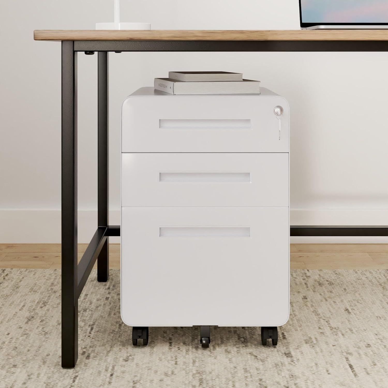 Under Desk Filing Cabinets with three drawers, placed neatly under a desk for optimal organization.