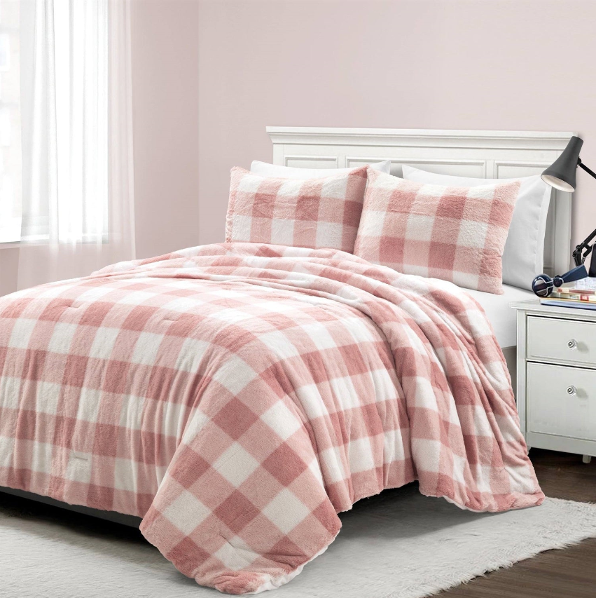 Farmhouse Kids' Bedroom featuring a pink plaid comforter set with matching pillows on a white bed.