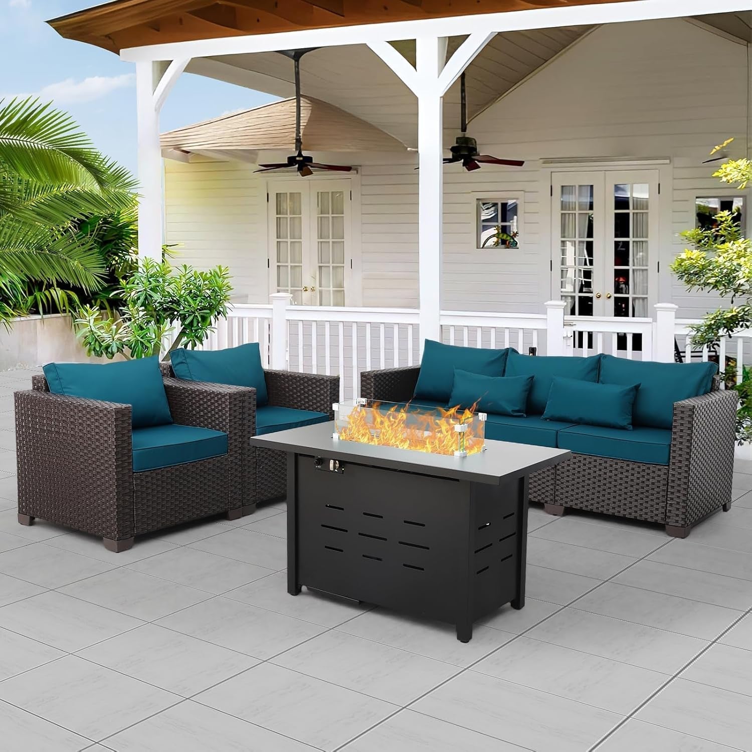Patio Furniture Sets featuring a stylish outdoor seating arrangement with a fire pit.