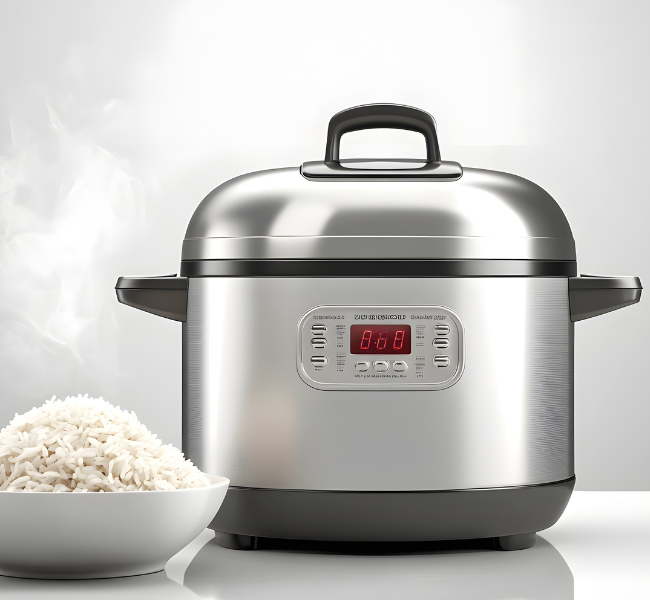 Modern stainless steel rice cooker with digital display next to a bowl of freshly steamed rice, featuring Rice Cookers.