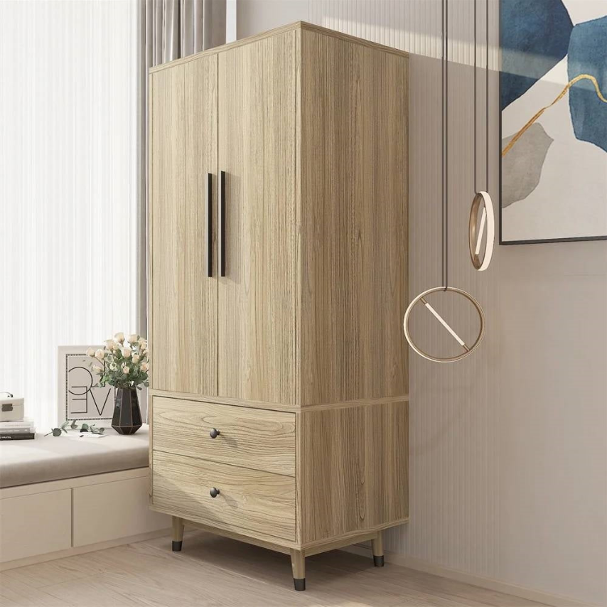 Modern wooden wardrobe in a Classic Bedroom, featuring drawers and sleek handles.