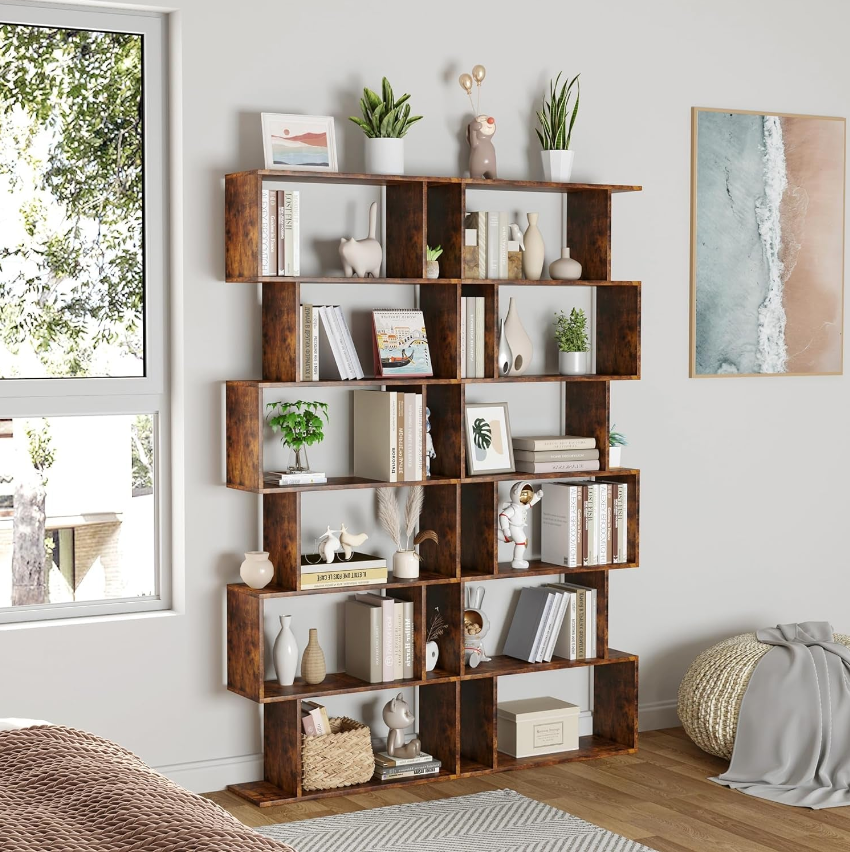 Stylish geometric bookcases filled with books and decorative items, perfect for modern home decor.