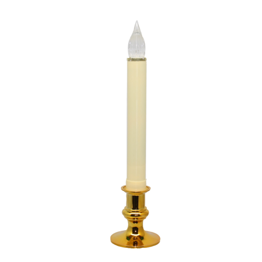 Flameless Christmas Candles in a gold holder with a realistic flame-like tip.