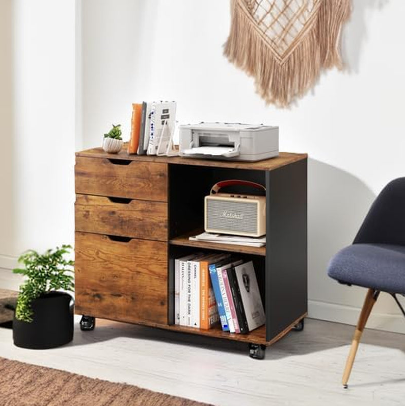 Open Shelf File Cabinets with wooden storage, printer, and books in a stylish modern home office.