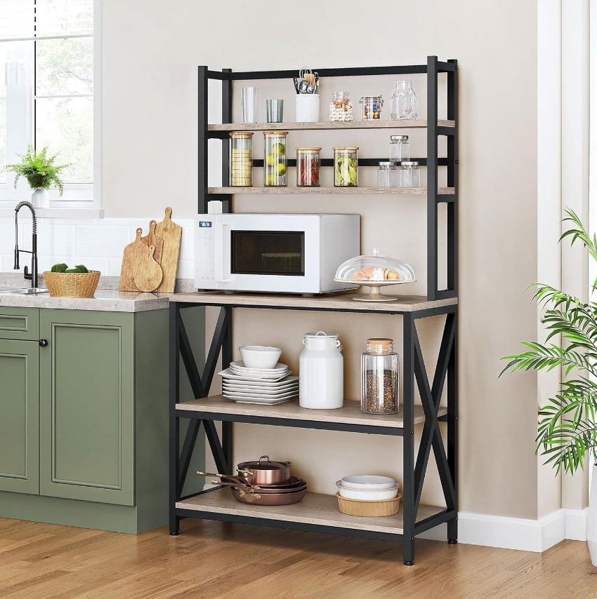 Rustic Kitchen storage shelf with pots, kitchenware, and microwave in a stylish setup.