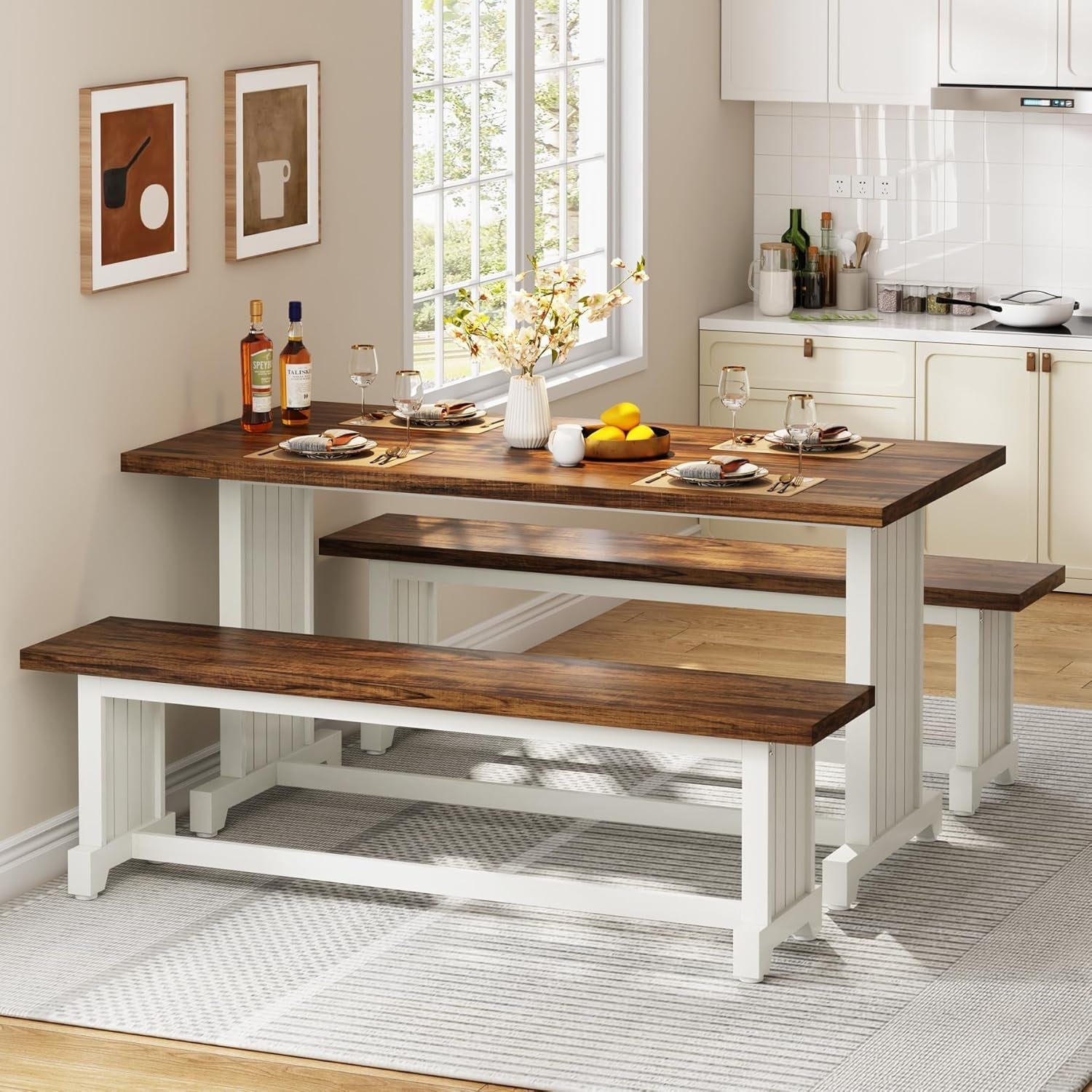 Stylish kitchen featuring rustic Kitchen Tables with benches and decor, perfect for family gatherings and meals.