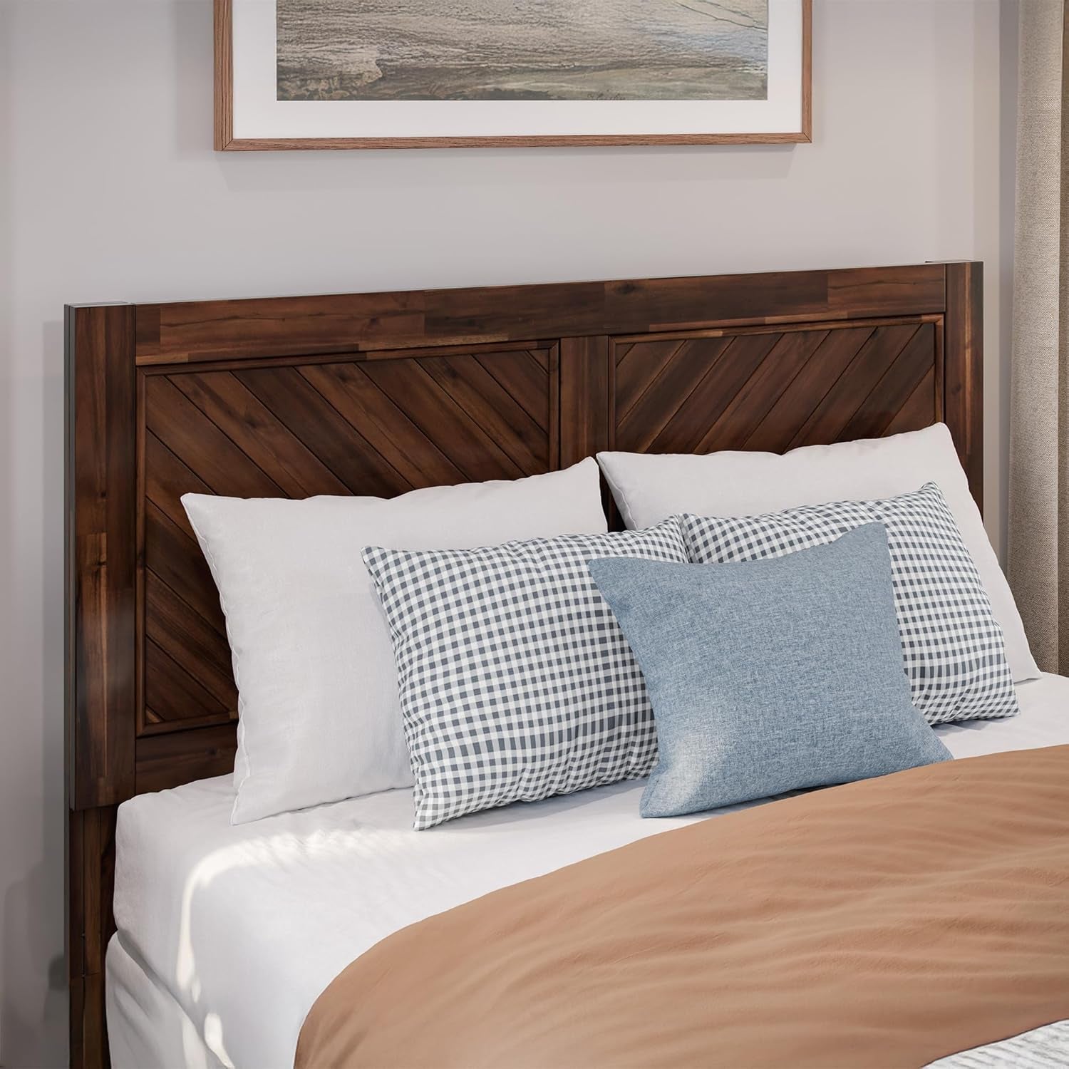 Elegant Full and Queen Headboards featuring a wooden design and soft accent pillows on the bed.
