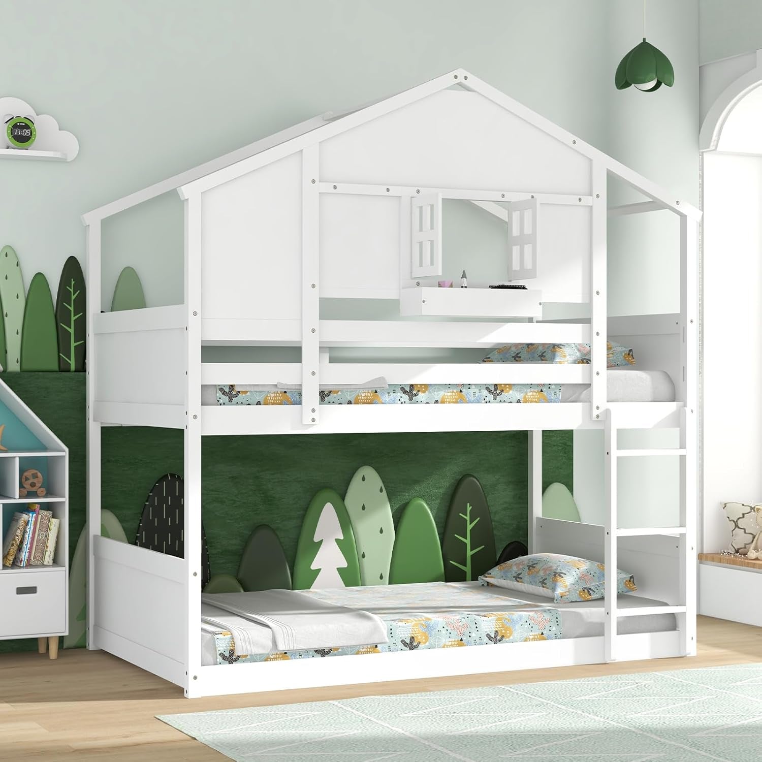 Stylish floor beds in a kids' room featuring a house-shaped bunk bed with colorful bedding.