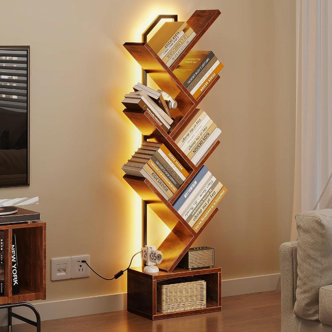 Stylish Lighted Bookcases with zigzag design showcasing neatly arranged books and ambient lighting.