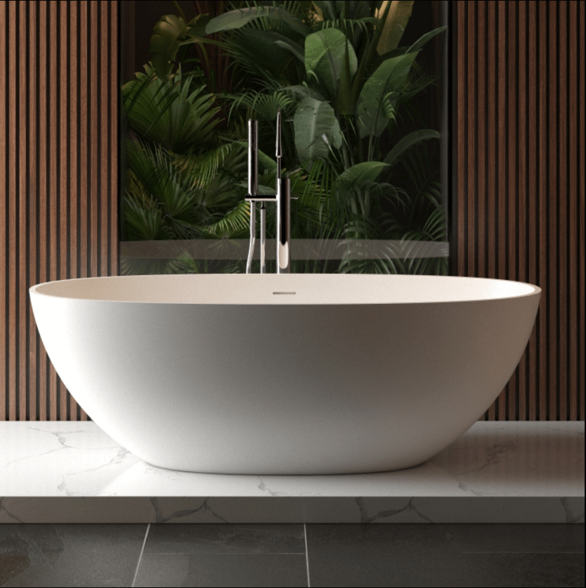 Modern white bathtub in stylish bathroom with greenery backdrop, showcasing elegant design of bathtubs.