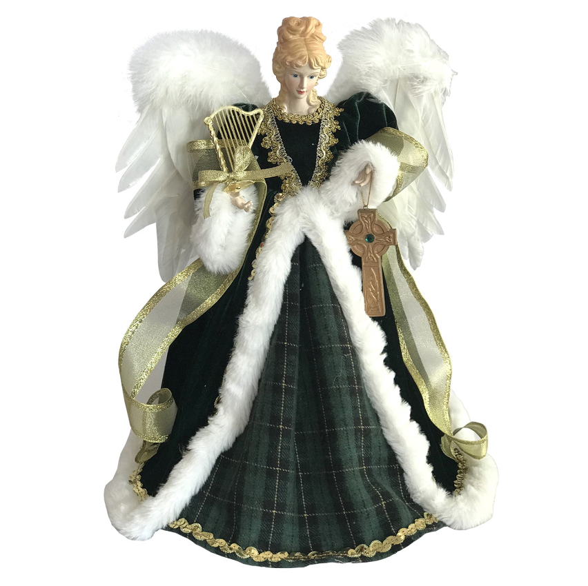 Elegant angel figure with harp and key, perfect for showcasing in Tree Toppers collection.