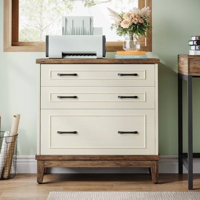 Rustic Home Office featuring a stylish cream and wood storage cabinet with decorative flowers and a printer.