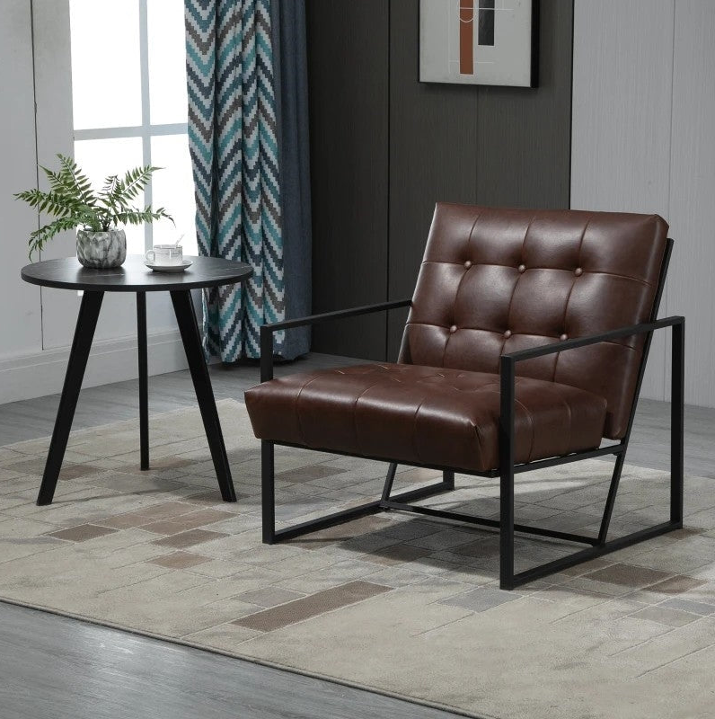 Mid-Century Modern Home Office featuring a stylish brown armchair and a modern side table with a plant.