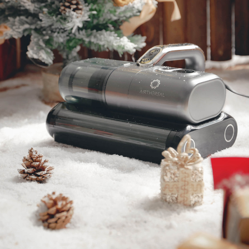 Vacuum Cleaners showcased on a snowy surface with pinecones and a festive backdrop.