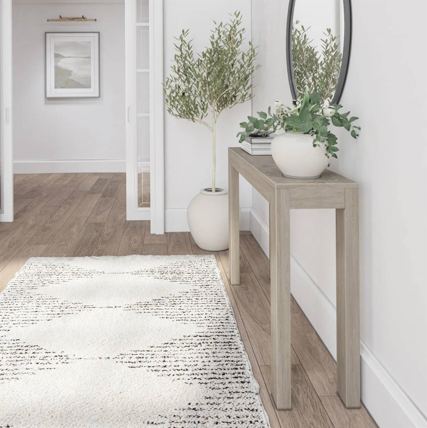 Minimalist Foyer featuring a light wooden console table and a potted plant in a stylish entryway.